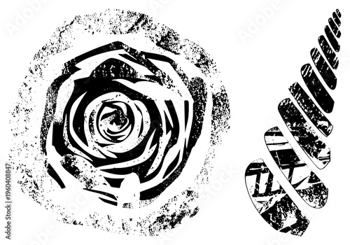 Stylized black and white rose with concentric petals, paired with textured helical screw, vector art, halftone grain, graphic design elements.