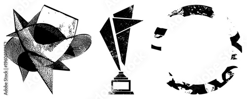 Stylized black and white graphic elements including fractured circle, angular starburst, and trophy like form, rendered in halftone with sharp edges and textured shading.