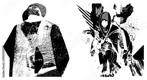 Silhouetted fighters with halftone shading, combat ready poses, graphic illustration style, bold, warrior art, isolated vector design.