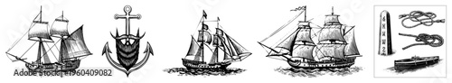 Classic sailing ship with sails, anchor with beard emblem, rope knots, buoy, and small boat nautical motifs, maritime, seafaring design elements.