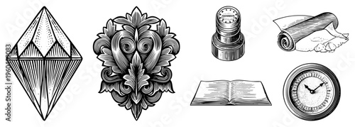 Classic engraved symbols including faceted diamond, ornament, inkwell, parchment scroll, open book, analog clock. vector set, detailed art.
