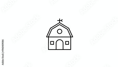 Simple Barn Icon with Cross, Religious Building Outline, Farm Architecture Symbol