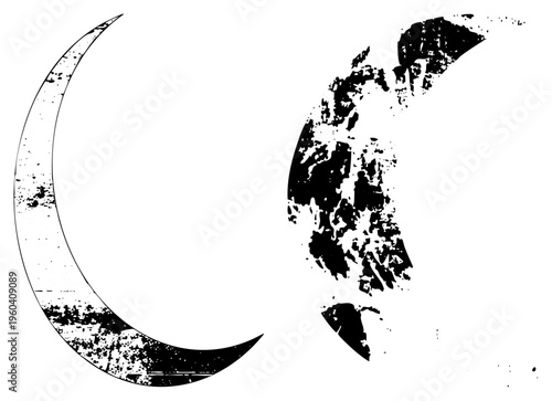 Stylized moon and half Earth with distressed texture, celestial, space graphic, design, cosmic illustration.