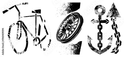 Grunge stylized bike, spoked wheel, anchor with chain vector, distressed texture, urban nautical cycling motifs.