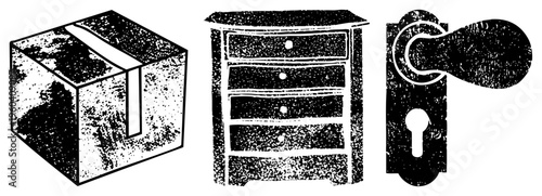 Retro illustrated box, dresser with drawers, ornate door handle, halftone texture, vintage graphic design, black and white vector.