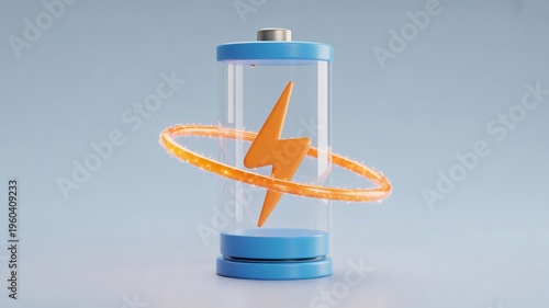 Stylized 3d rendering presents a glowing blue battery with orange lightning bolt and energy circle on light blue background