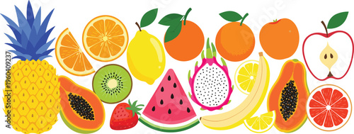 Colorful tropical fruit collection vector illustration with pineapple watermelon citrus banana papaya and exotic fresh elements in flat style