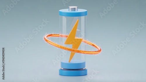 A stylized 3d rendering of a battery with a glowing orange lightning bolt and ring on a blue base against a gray background