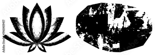 Black and white halftone vector art featuring a lotus flower and fragmented geometric form, minimalist graphic, symbolic, isolated design elements.