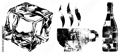 Vintage style vector of ice cube, coffee cup with, and bottle with distressed texture, all in with gritty halftone effect.