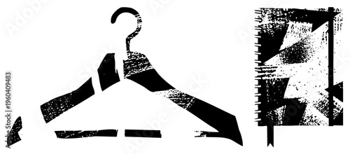 Graphic hanger with distressed texture, stylized flag motif, bold black shapes, vector art, fashion accessory, isolated design element.