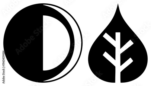 Abstract vector symbols, letter D in circular, tree inside droplet, design, graphic elements, clean, modern.