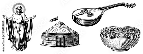 Sacred with, traditional Mongolian yurt dwelling, stringed mandolin instrument, noodle bowl, all in clean art style.