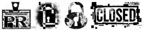 Retro style lock symbols and "CLOSED" sign, halftone textures, graphic design elements, security, vintage typography, distressed vector art.