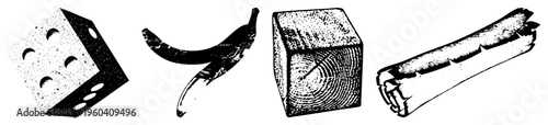 Cheese block with holes, banana peel, wooden cube with grain, sliced bread roll all depicted in black and white halftone vector art, clean, isolated foreground elements.
