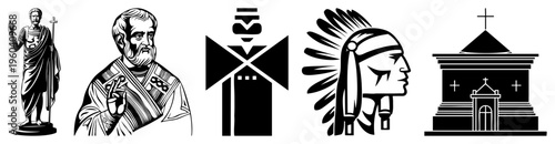 Vector set of five distinct cultural emblems Roman emperor statue, bishop portrait, totem pole, Native American chief profile, church building. flat design for symbolic representation.