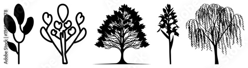 Vector tree with heart blossoms, leafy canopies, weeping branches perfect for design, digital art, UI. Also called symbolic botanical vector art.