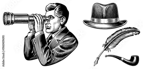 Classic detective silhouette using binoculars, fedora hat, feather quill pen, tobacco pipe, noir style, retro ink illustration.