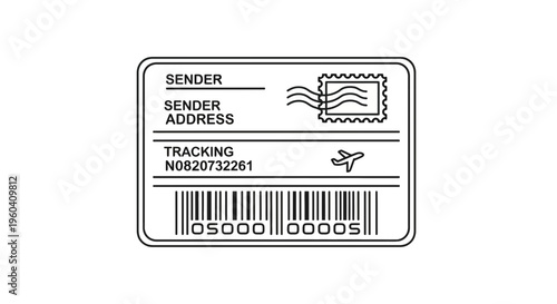 Shipping Label with Barcode, Tracking Number, Stamp, and Airplane Icon