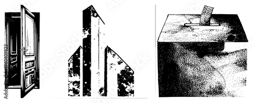 Door ajar revealing interior, stylized building silhouettes, ballot box with paper slot, halftone vector art, graphic design elements.
