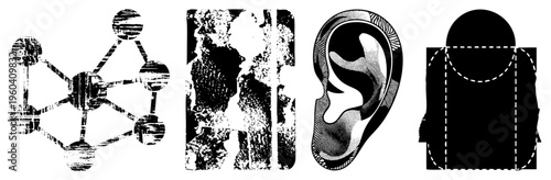 Geometric network with circular nodes, grained map texture, stylized human ear with halftone shading, and dashed silhouette all vector elements with transparent backgrounds.