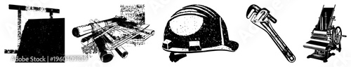 Collection of classic workshop gear including pipe wrench, safety helmet, printing press, steel pipes, and drafting tools, halftone style.
