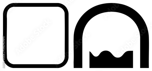 Two abstract geometric, rounded square and form with wave base, vector design, minimalist style, graphic elements for UI or branding.