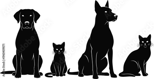 Dog and cat silhouettes in sitting poses with expressive eyes, vector illustration for design, artwork, pet themes