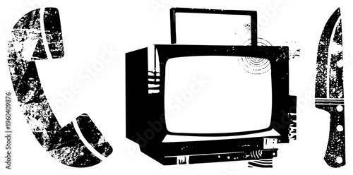 Retro telephone receiver, CRT with static, kitchen knife all in distressed black vector art, isolated, digital glitch texture, illustration.