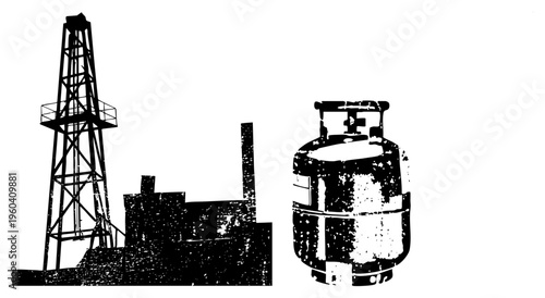 Black silhouette of oil rig and propane tank, industrial equipment, energy sector symbols, vector graphic, halftone texture, isolated assets.