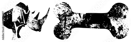 Black and white grunge rhino silhouette facing dog bone cutout, textured vector art, isolated animal, pet accessory graphic, distressed style.