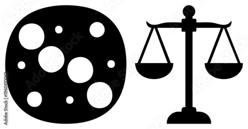 Legal balance scales and cheese wheel set, judicial symbol and dairy food graphic, flat vector design for branding or interfaces.