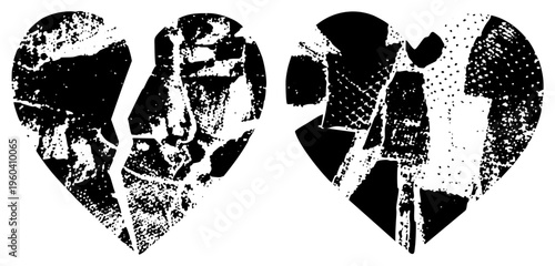 Two shattered heart shapes, halftone texture, emotional breakup symbol, romantic, graphic design element, distressed vector art.