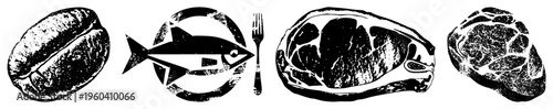 Stylized food including coffee bean, fish on plate, steak cuts, rendered in halftone vector style, isolated foreground elements.