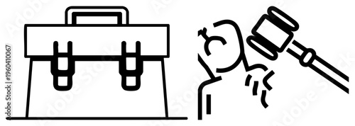 Business briefcase with clasps and handle beside hand holding gavel, legal, corporate judgment, courtroom, professional symbol, legal proceedings.