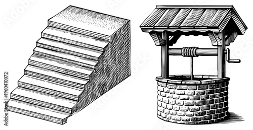 Vintage water well with rope pump and stone base, adjacent wooden staircase with textured tread, hand drawn art, rustic architectural elements.