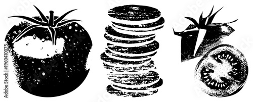 Artistic halftone tomato depiction, whole with stem, stacked slices, halved section, graphic food, vector illustration.