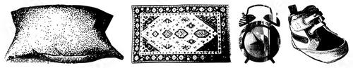 Classic halftone illustrated items plush pillow, ornate rug, bell alarm, toddler sneaker. vector art with dot, ideal for retro design or print.