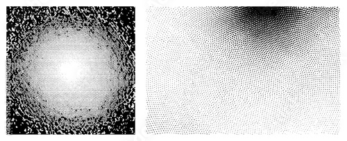 Vector halftone designs using dot density gradients, stippling art, graphic texture,, visual rhythm, typographic background, digital illustration.