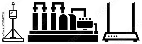 Scientific microscope, factory production, wireless router device, technical symbols, vector, isolated foreground elements.