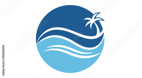 Tropical Beach Circle Logo Design, Ocean Waves and Palm Tree Silhouette, Summer Vacation and Island Travel Concept, Coastal Tourism and Seaside Resort Emblem