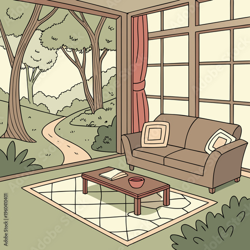 A serene living room with a couch and coffee table in front of large windows overlooking a peaceful forest