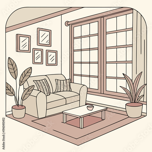 A minimalist line art illustration of a cozy living room with a couch, coffee table, and plants