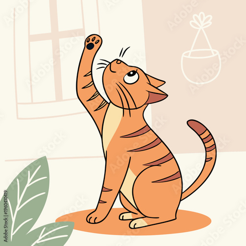A playful cartoon cat stretching in a modern room with a window and plants