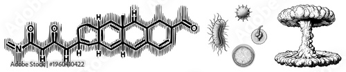 Chemical compound diagram, bacterial cells, virus particles, mushroom cloud explosion all rendered in classic halftone engraving style, scientific illustration, educational graphic.