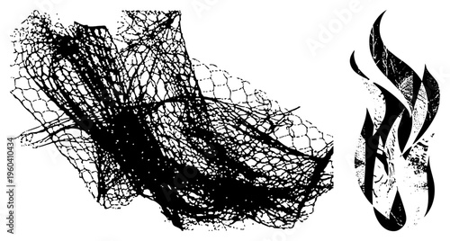 Ornate lace veil texture and stylized flame motif, graphic design elements, black and white vector art, artistic, isolated foreground.