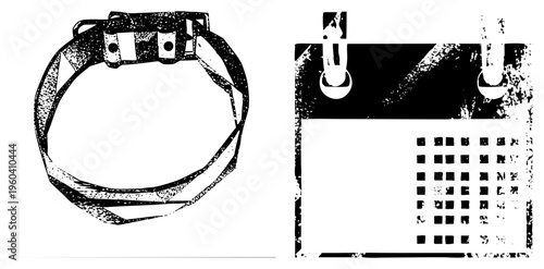 Retro styled calendar with grid layout and hanging rings, paired with textured strap buckle, halftone print, graphic design elements, vector illustration.