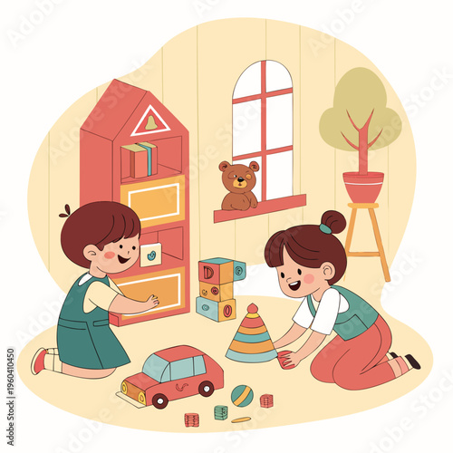 Two young girls playing with toys in a colorful nursery with a teddy bear on the windowsill