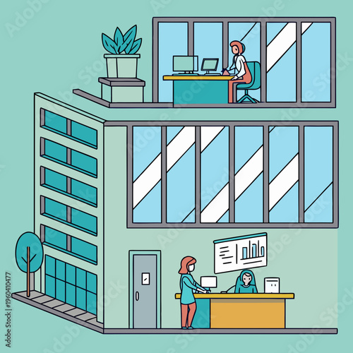 A minimalist vector illustration of a modern office building with employees working at desks