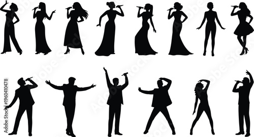 Fourteen male and female singer silhouettes performing with microphones, showcasing expressive poses, stage presence, musical entertainment, lifestyle, and design.